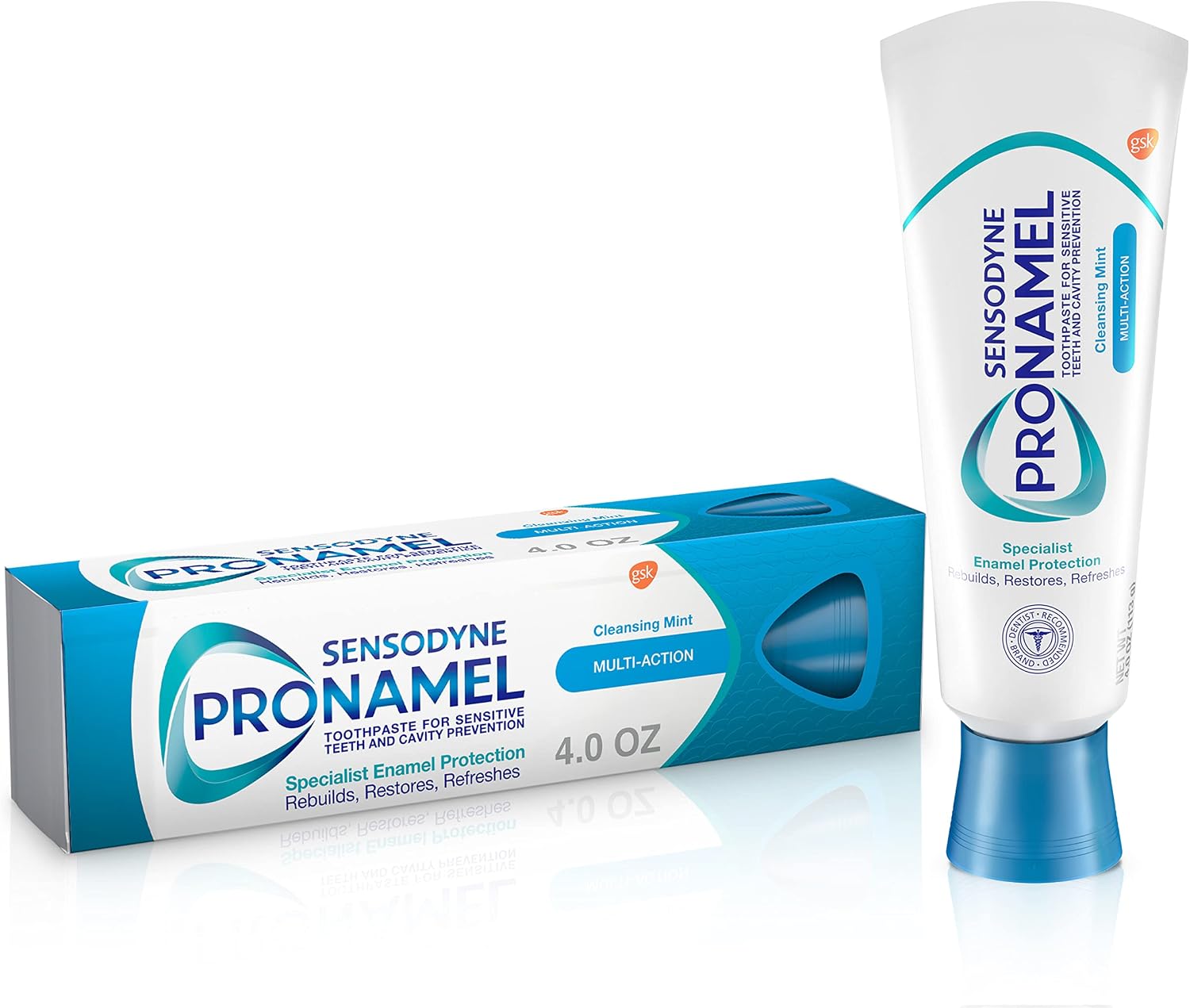 Sensodyne Pronamel multi-action toothpaste front view with cleansing mint flavor