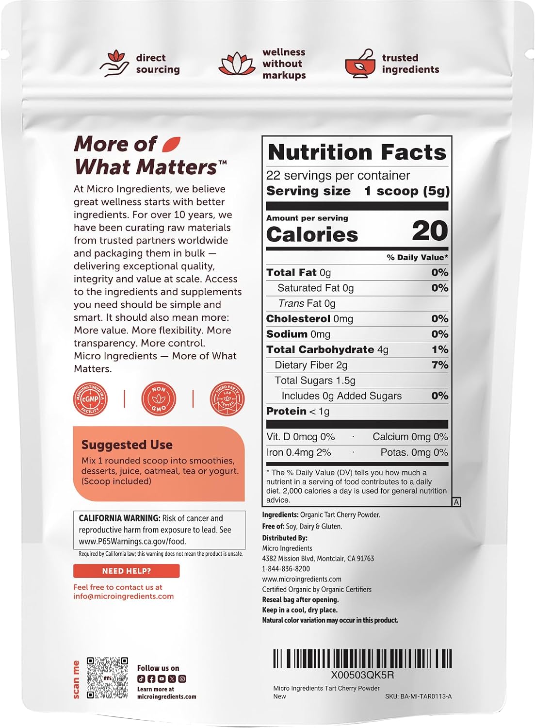 Micro Ingredients tart cherry powder packaging details