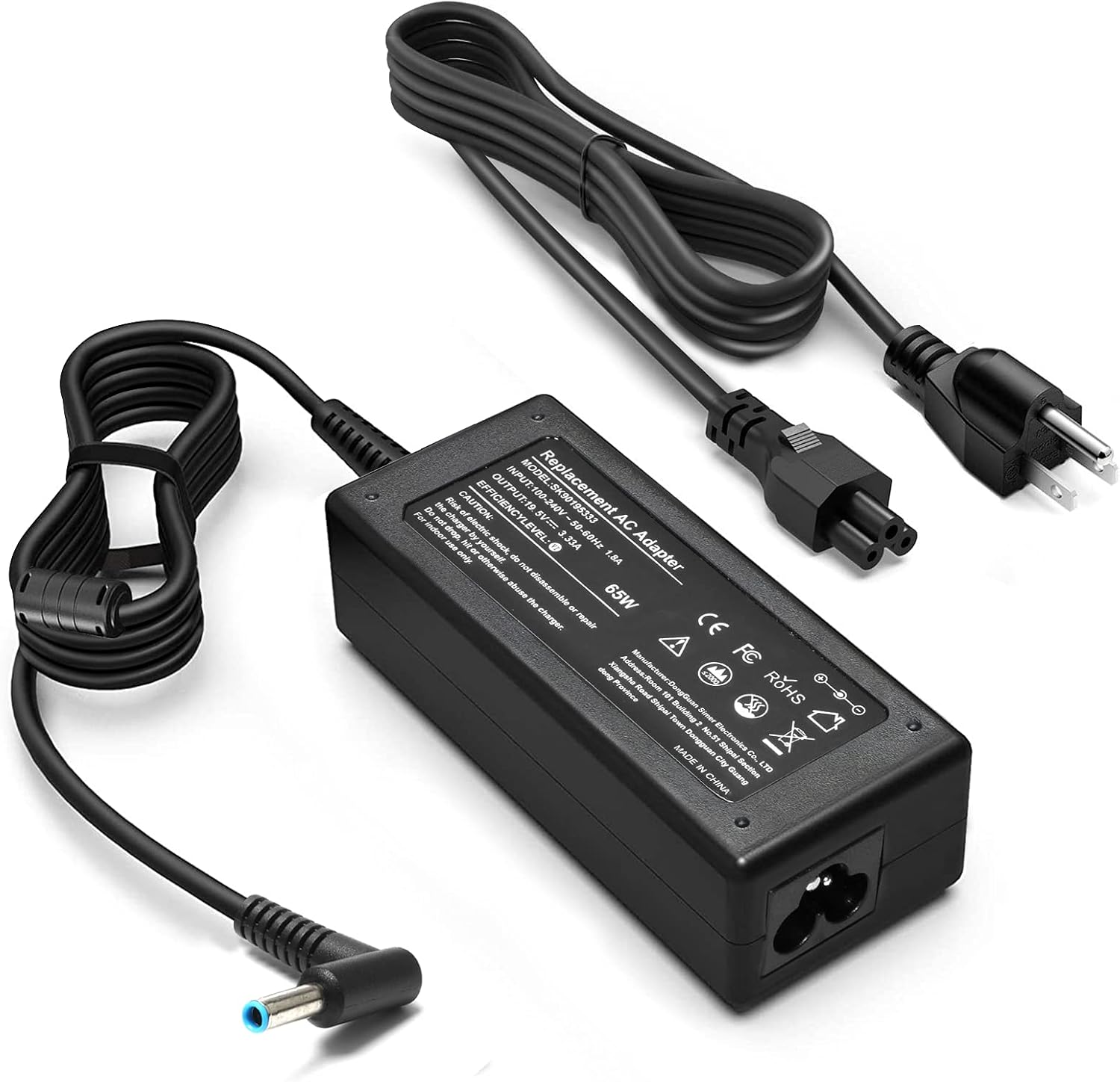 KAQIAR 65W Laptop Charger front view showing the power brick and smart blue tip connector