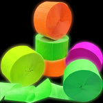 MFLUEEWR blacklight party streamer decorations front view showing four rolls of neon crepe paper