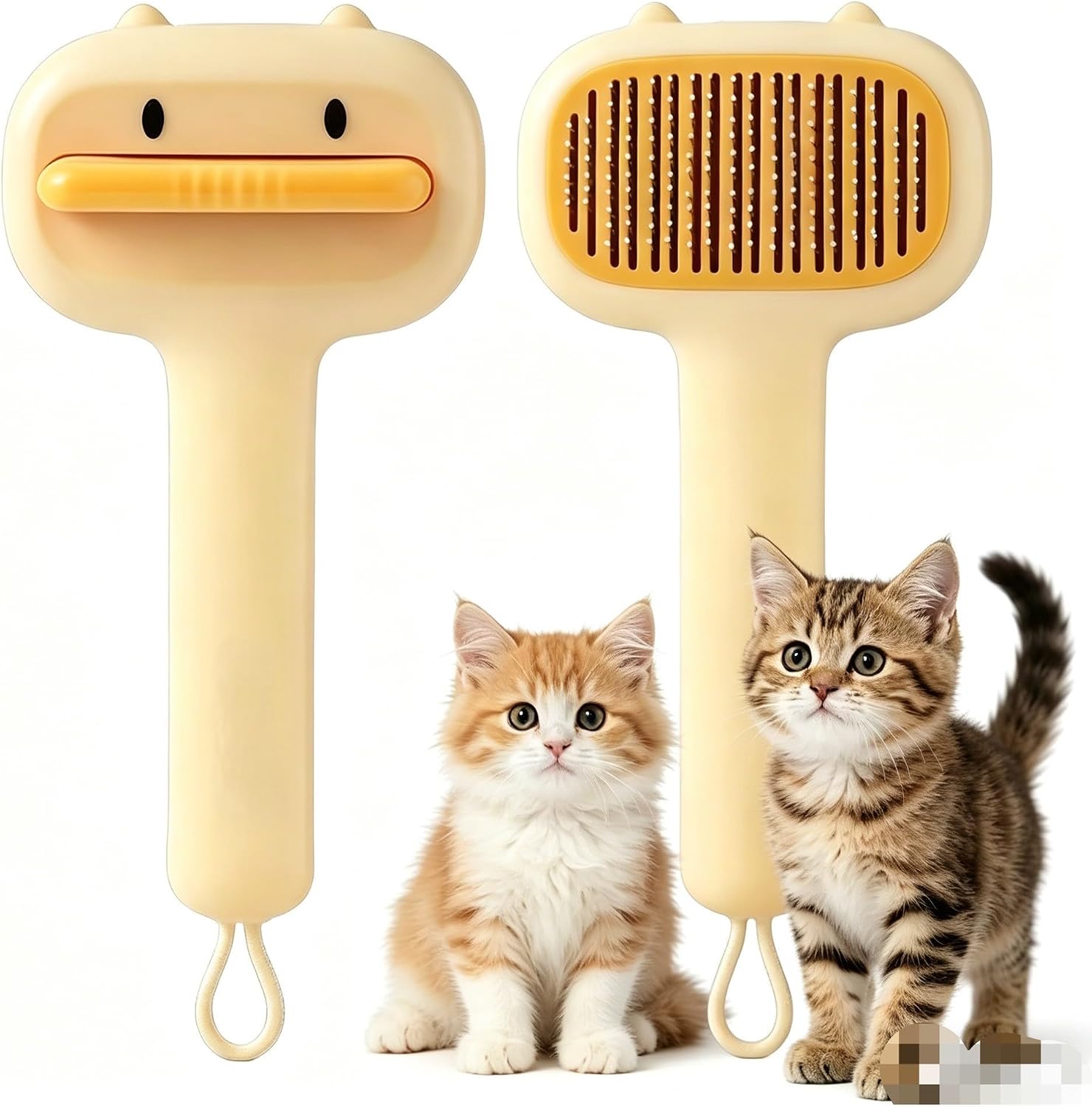 Dropy self cleaning pet grooming brush front view showing yellow duck design.