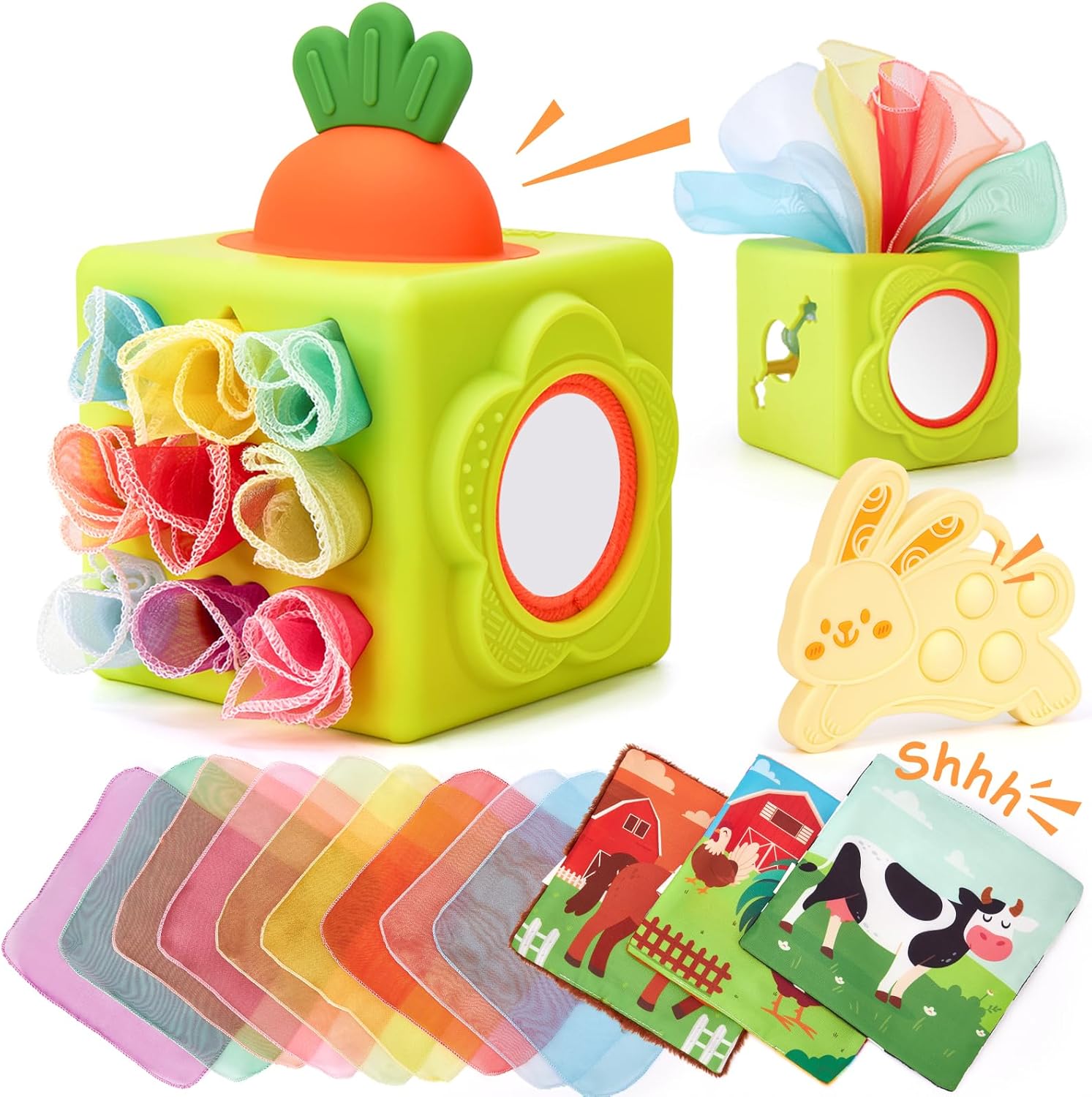 Hahaland Baby Tissue Box Toy front view showcasing the silicone sensory cube with colorful mesh scarves.