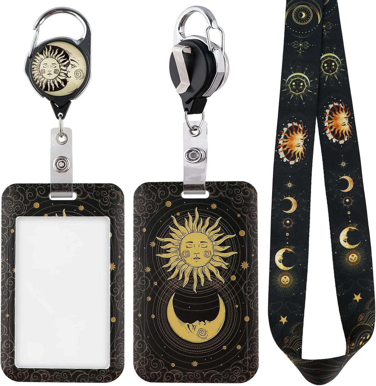 Juanooo cool black ID badge holder front view with sun and moon design