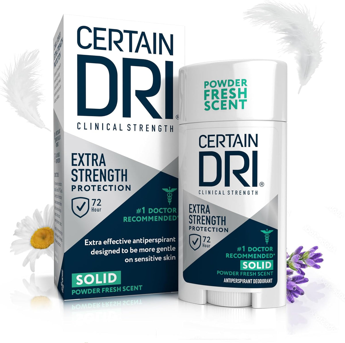 Certain Dri Extra Strength Clinical Antiperspirant Solid front view packaging for hyperhidrosis control