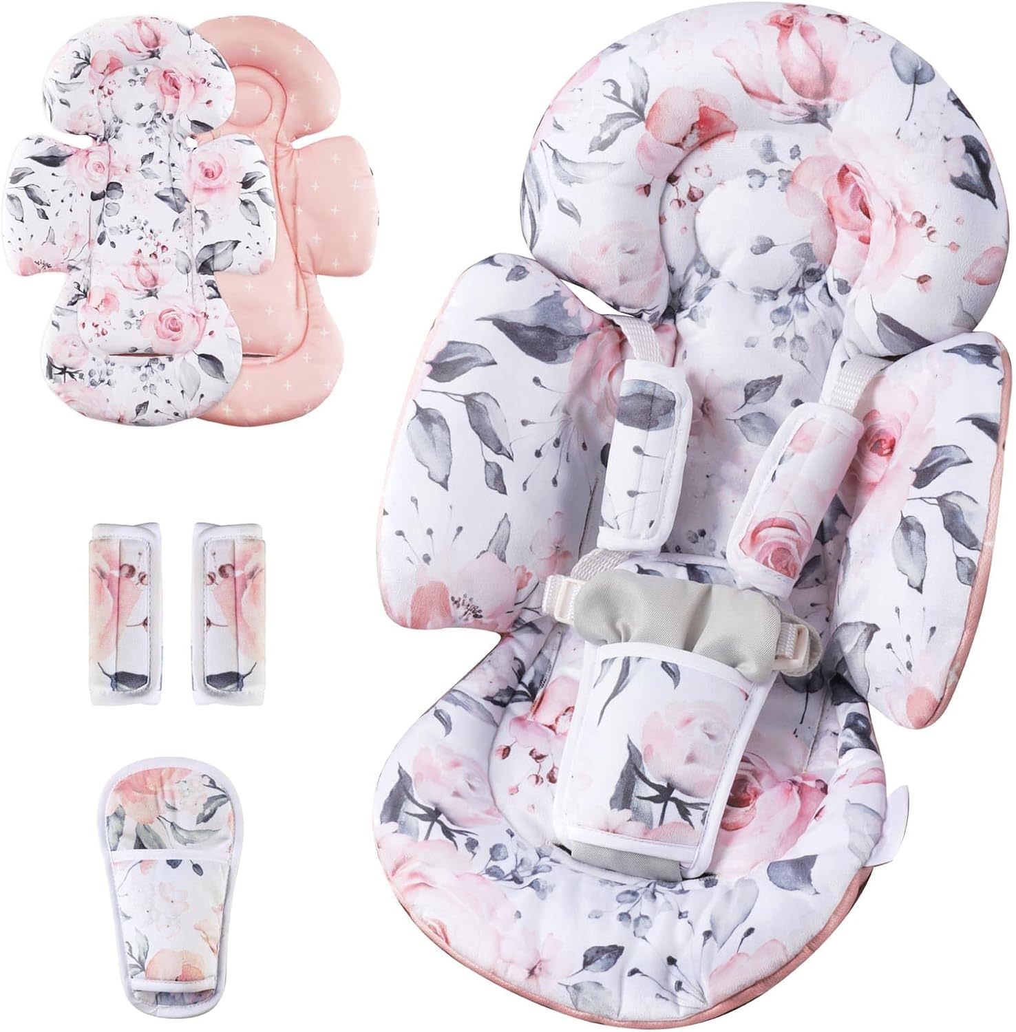 Generic infant car seat insert front view showing pink floral pattern