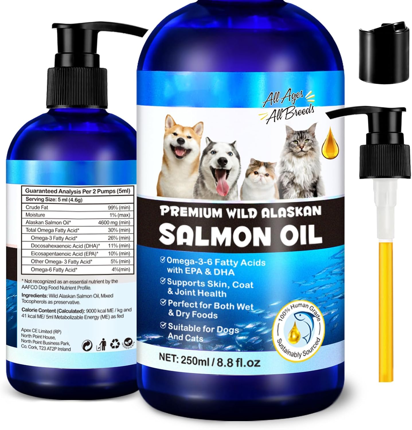 QianShouYan Wild Alaskan Salmon Oil front view premium omega three supplement for dogs and cats.