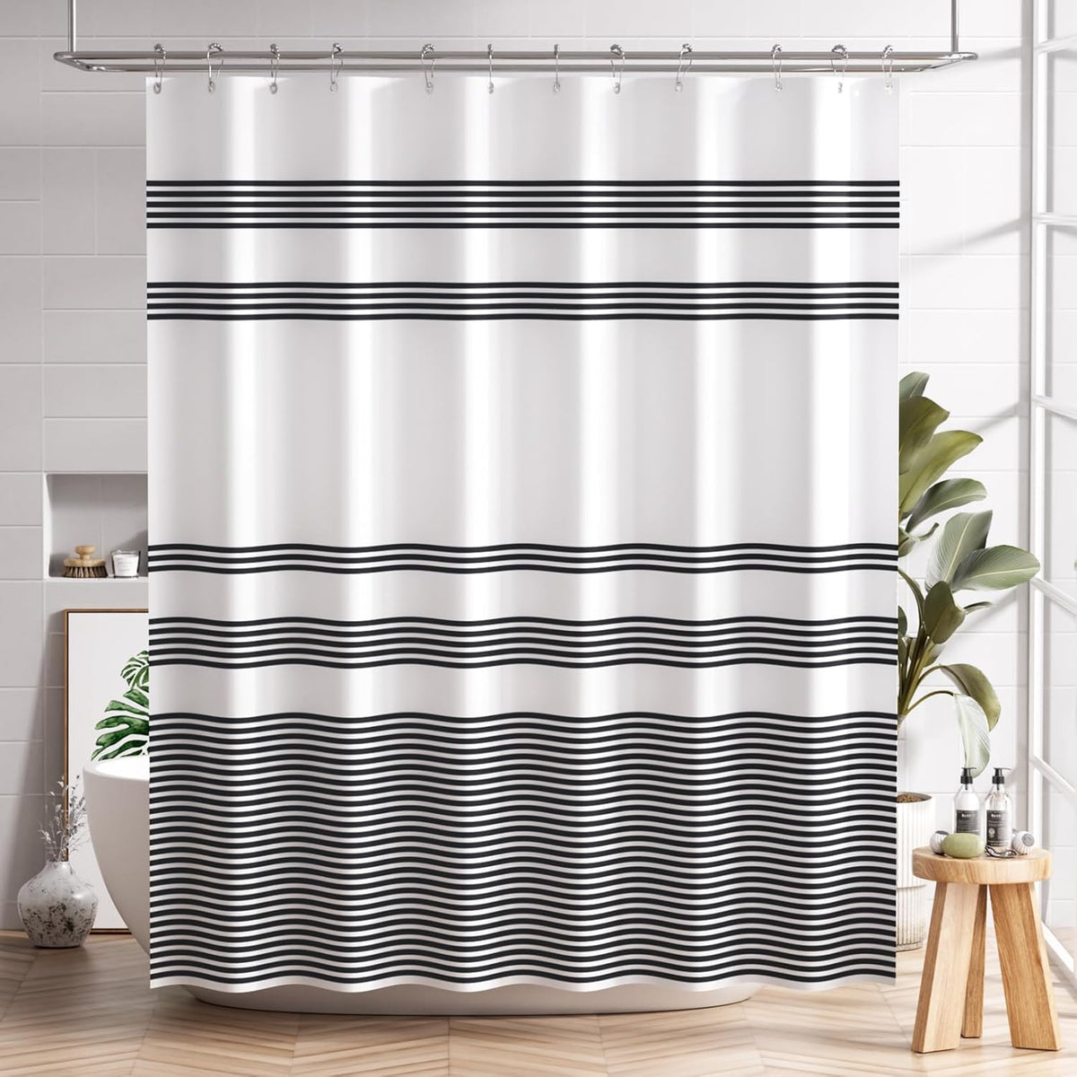 AmazerBath fabric shower curtain front view featuring a rustic black and white striped farmhouse pattern.