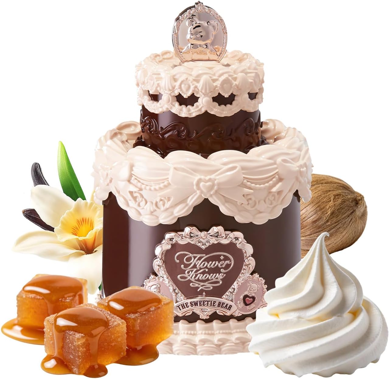 Flower Knows Sweetie Bear Perfume Caramel Bear front view of cream cake shaped bottle