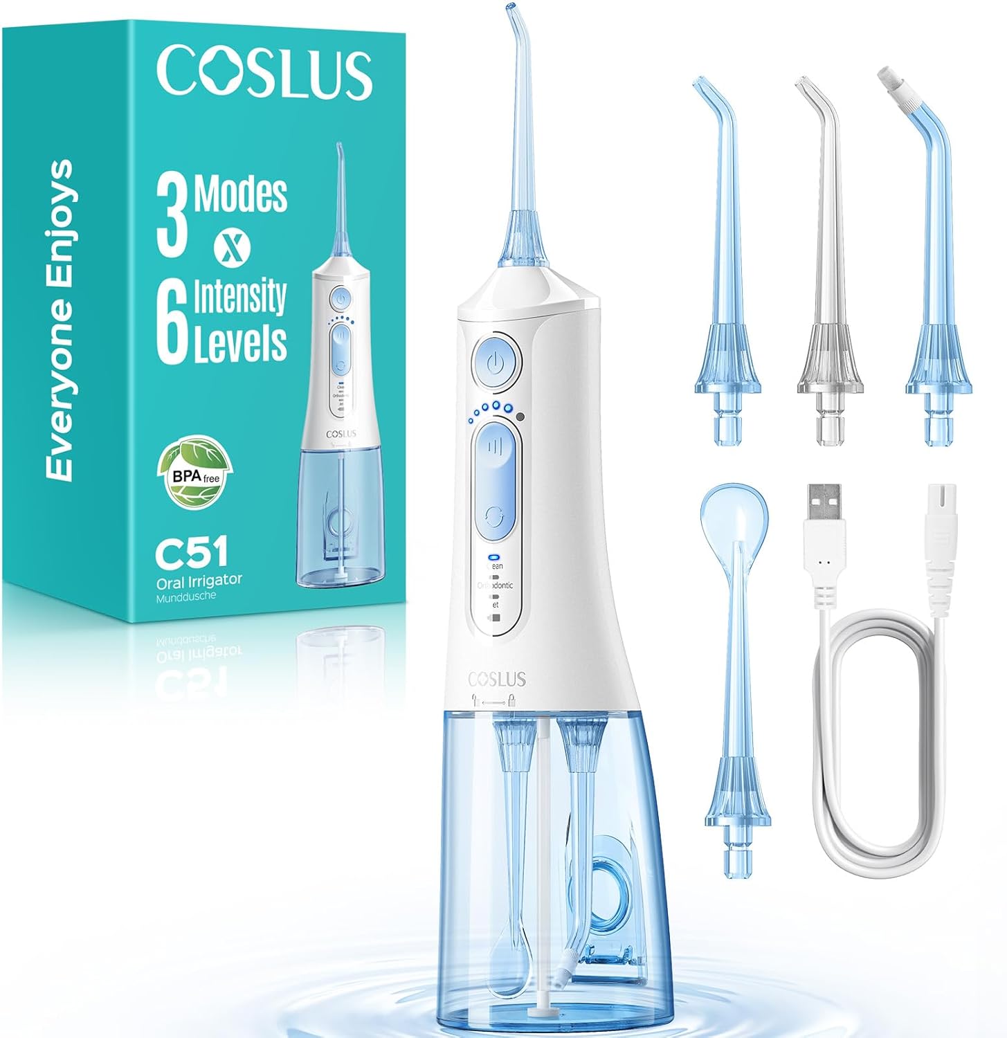 COSLUS portable water flosser front view in arctic white showing control buttons and premium sleek design.