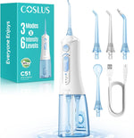 COSLUS portable water flosser front view in arctic white showing control buttons and premium sleek design.