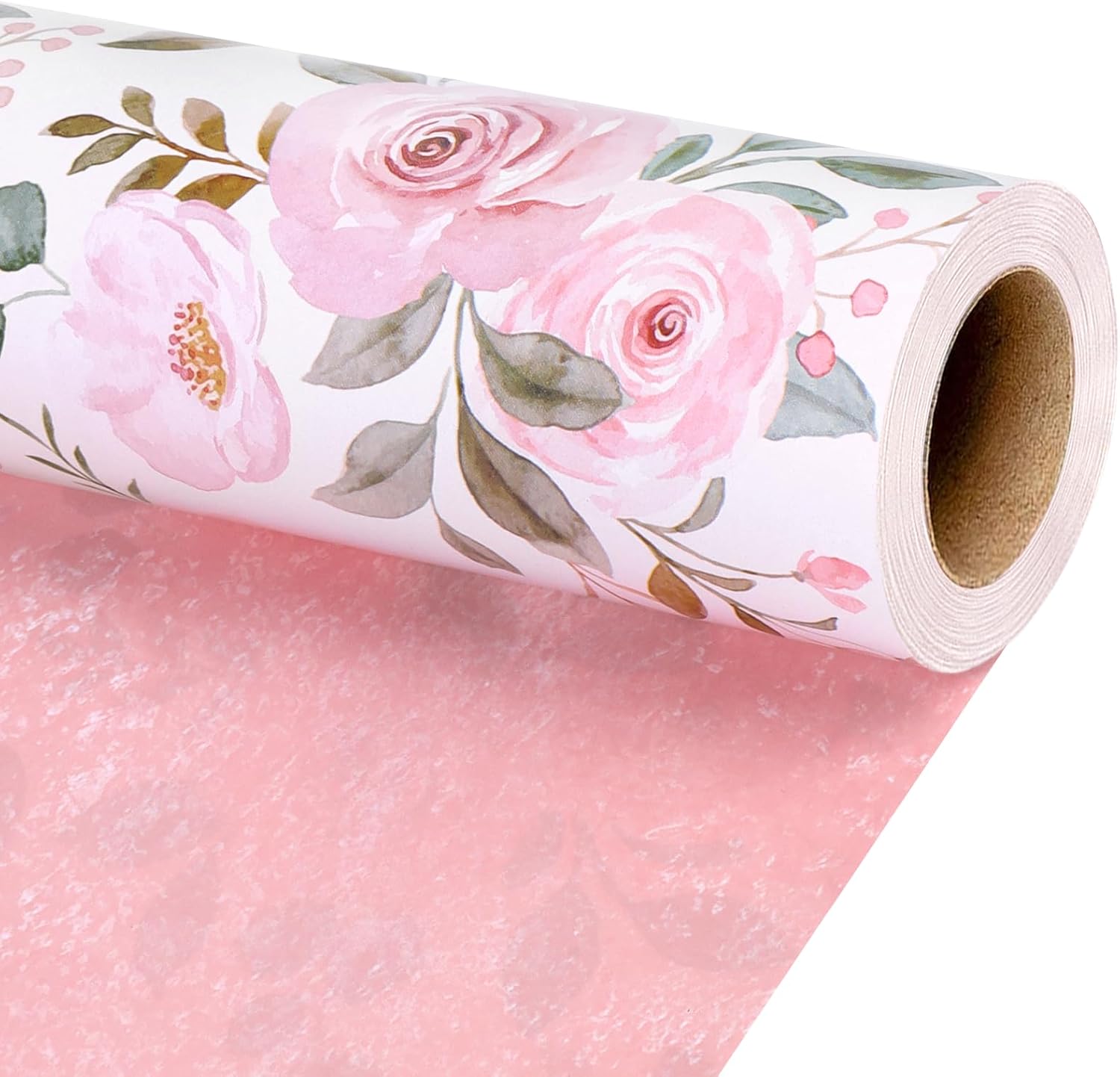 BIOBROWN Reversible Floral Wrapping Paper Roll front view showing pink watercolor roses design.