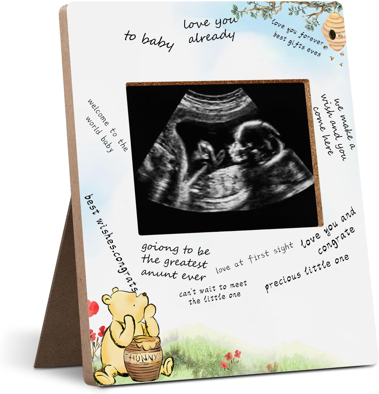 Hatzelou Winnie baby shower sign picture frame front view showing classic Pooh illustrations