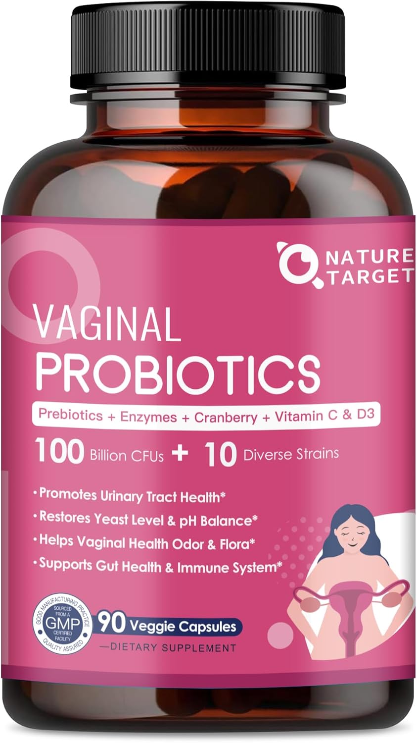 NATURE TARGET Vaginal Womens Probiotics, 100 Billion CFUs Probiotics & Prebiotics with Digestive Enzymes, Cranberry & D-Mannose - Supports pH Balance, Odor & Urinary Tract Health - 90 Capsules - Image 1