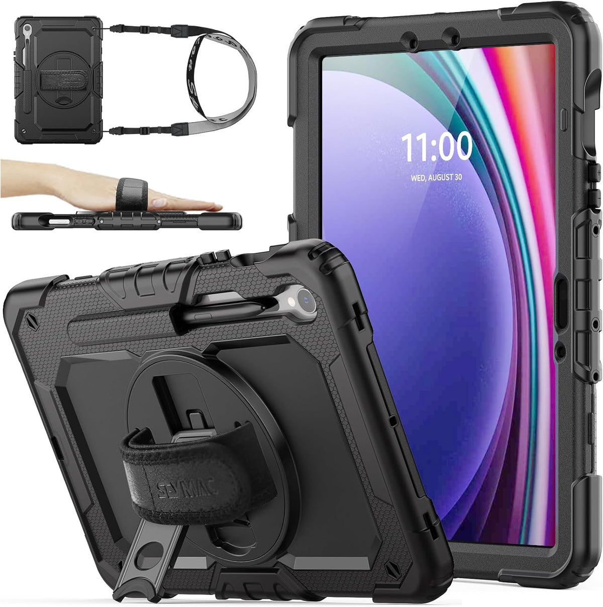 SEYMAC stock Samsung Galaxy Tab S9 rugged case front view showing built in screen protector