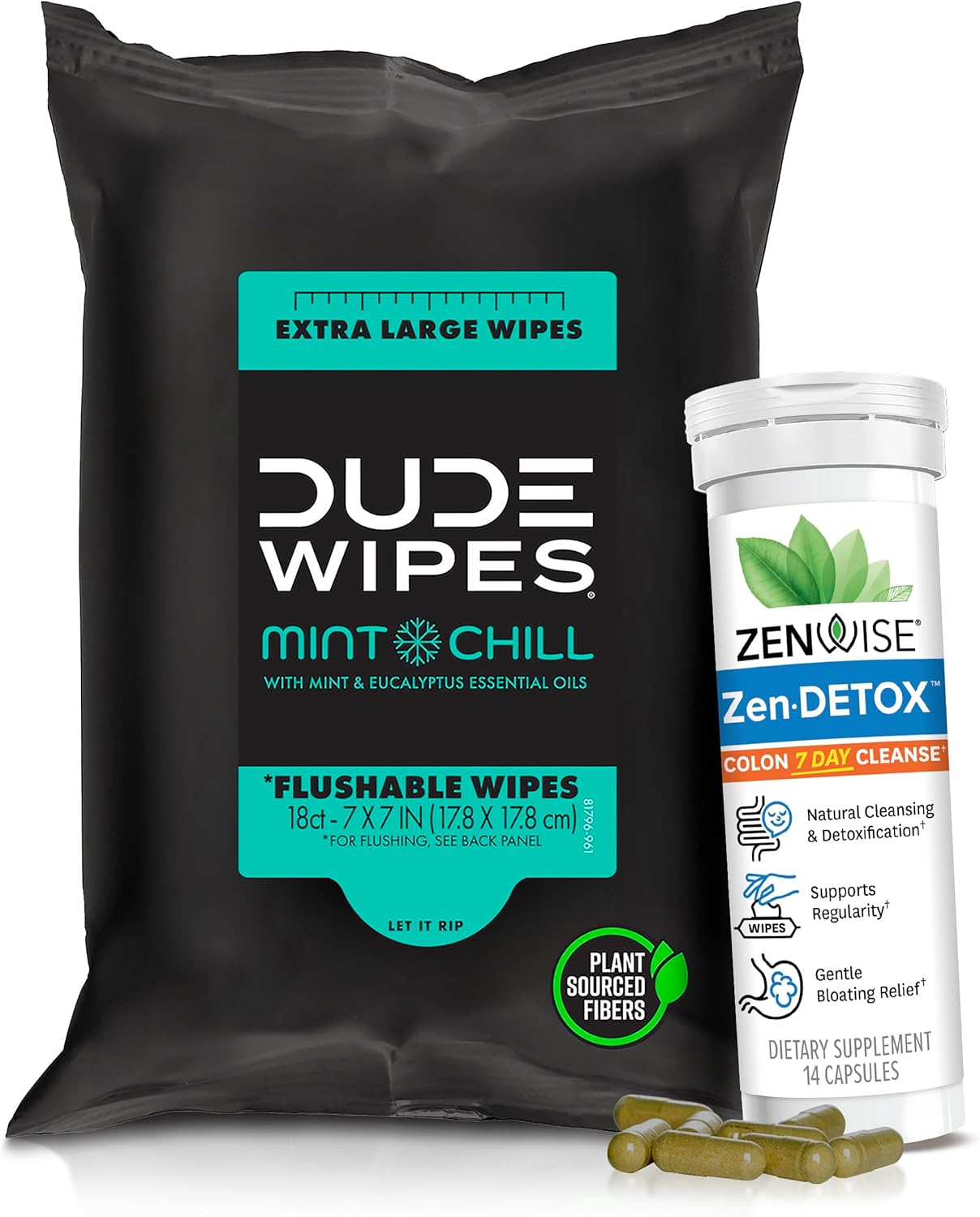 Dude Wipes & ZenDetox Bundle - 18 Flushable Wipes and 14 Colon Cleanse Pills with Probiotics and Herbal Blend for Regularity and Digestive & Gut Health - Image 1