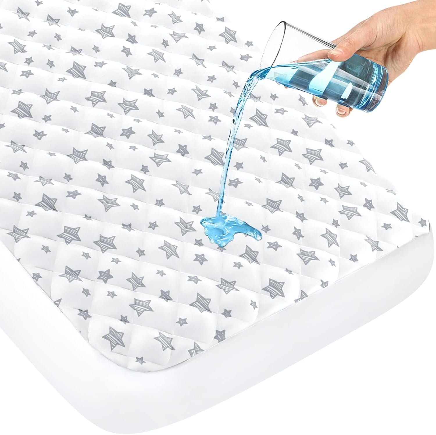 Moonsea Crib Mattress Protector front view showcasing white fabric with grey star pattern on a baby bed.
