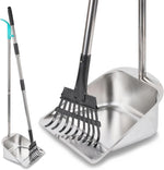 Indiedouker dog pooper scooper front view featuring heavy duty stainless steel rake and large capacity tray for yard pet waste cleanup.
