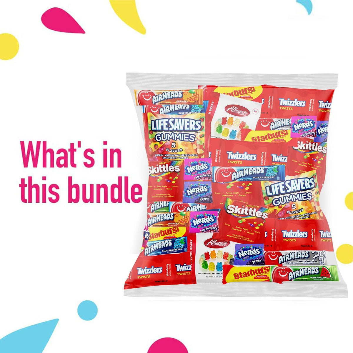 Assorted American imported gummies and sour candies spread out from the bag