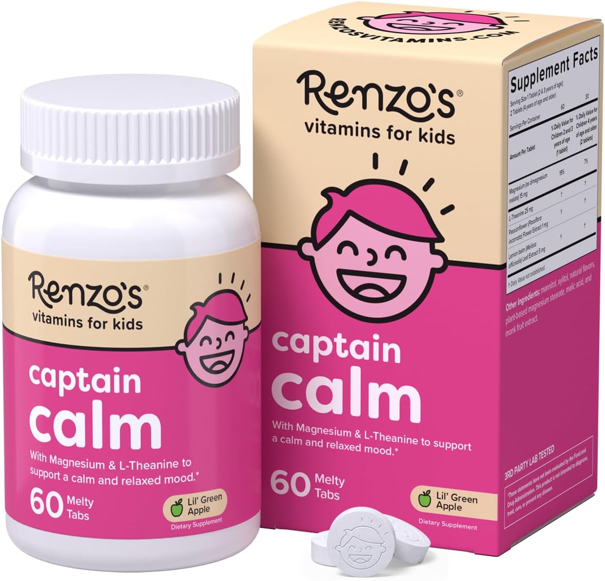 Renzo's Captain Calm Kids Magnesium Supplement with L-Theanine, Dissolvable Kids Vitamins for Relaxation and Mood Support, Sugar-Free Melty Tabs, Green Apple Flavor, 60-Count (1-2 Month Supply) - Image 1