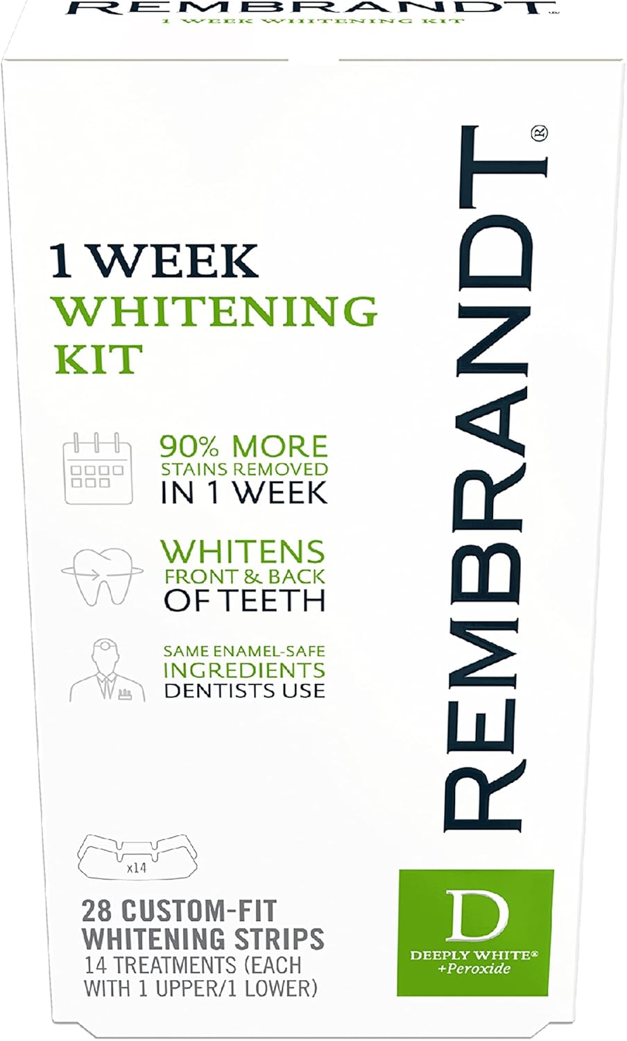 REMBRANDT Deeply White + Peroxide 1 Week Teeth Whitening Kit, Removes Tough Stains, Enamel-Safe, 28 Custom-Fit Whitening Strips (14 Treatments) - Image 1