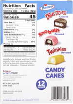 Close-up of individually wrapped Twinkies, Ding Dongs, and Snoballs flavored candy canes.