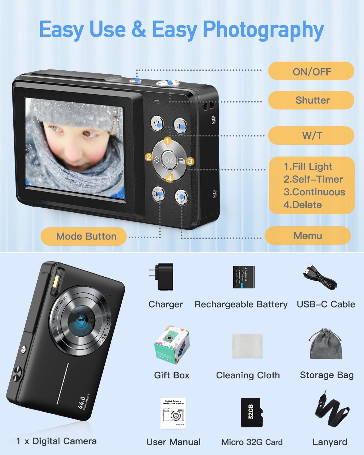 AiTechny digital camera packaging and included components