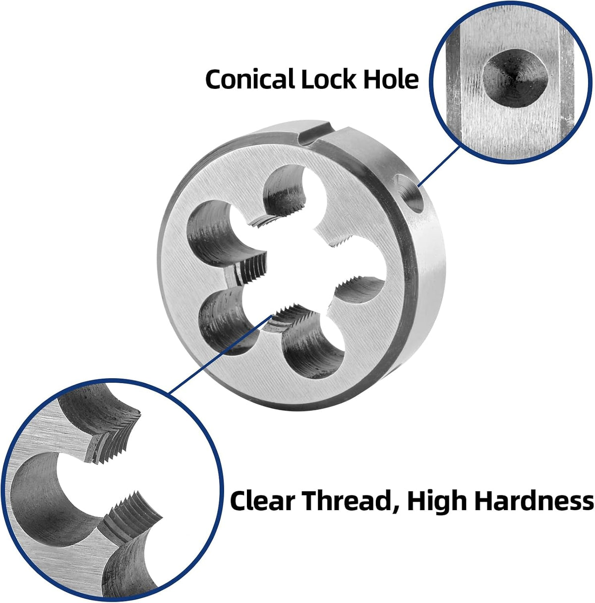Burkit Number 10-32 UNF Round Threading Die featuring conical lock hole