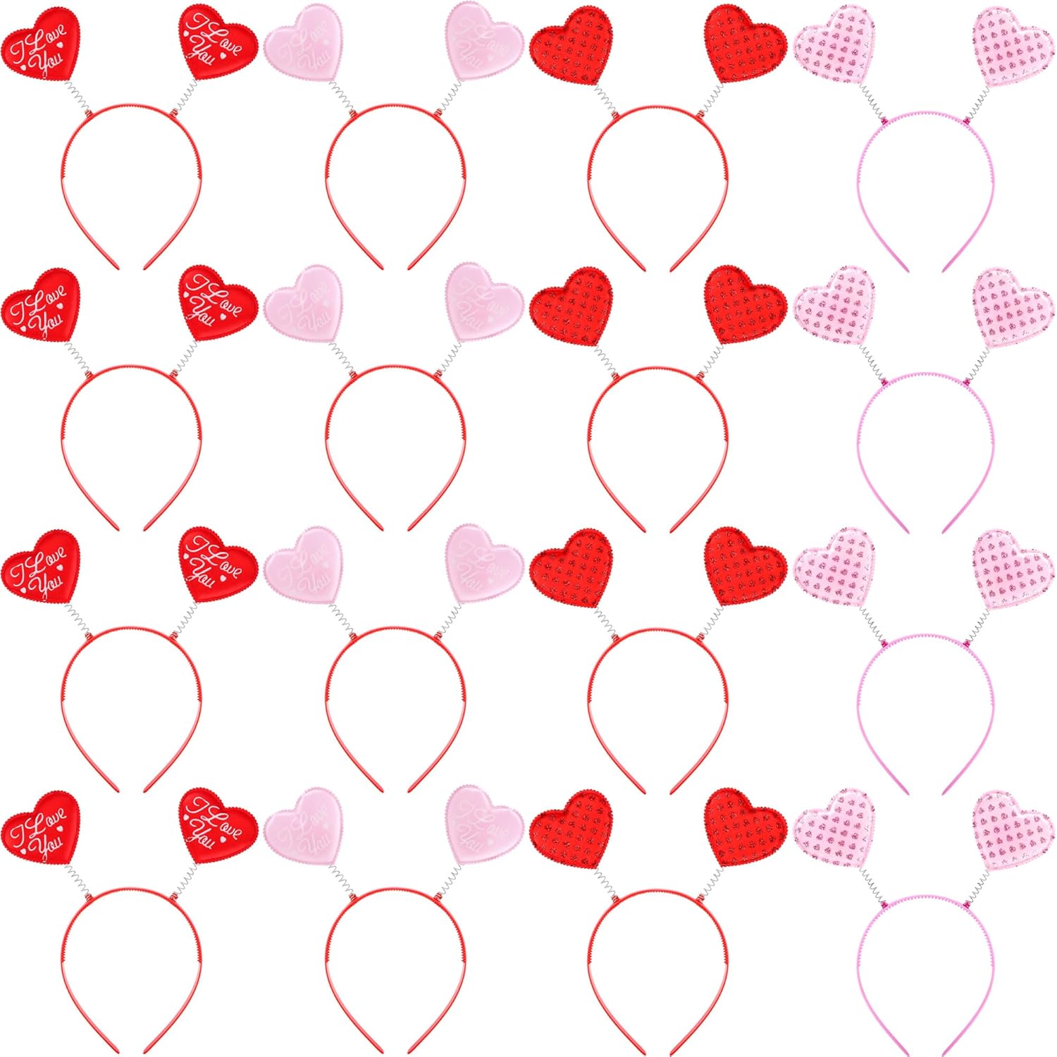 Restroma 16 pieces valentine headbands front view showing red and pink heart antenna designs