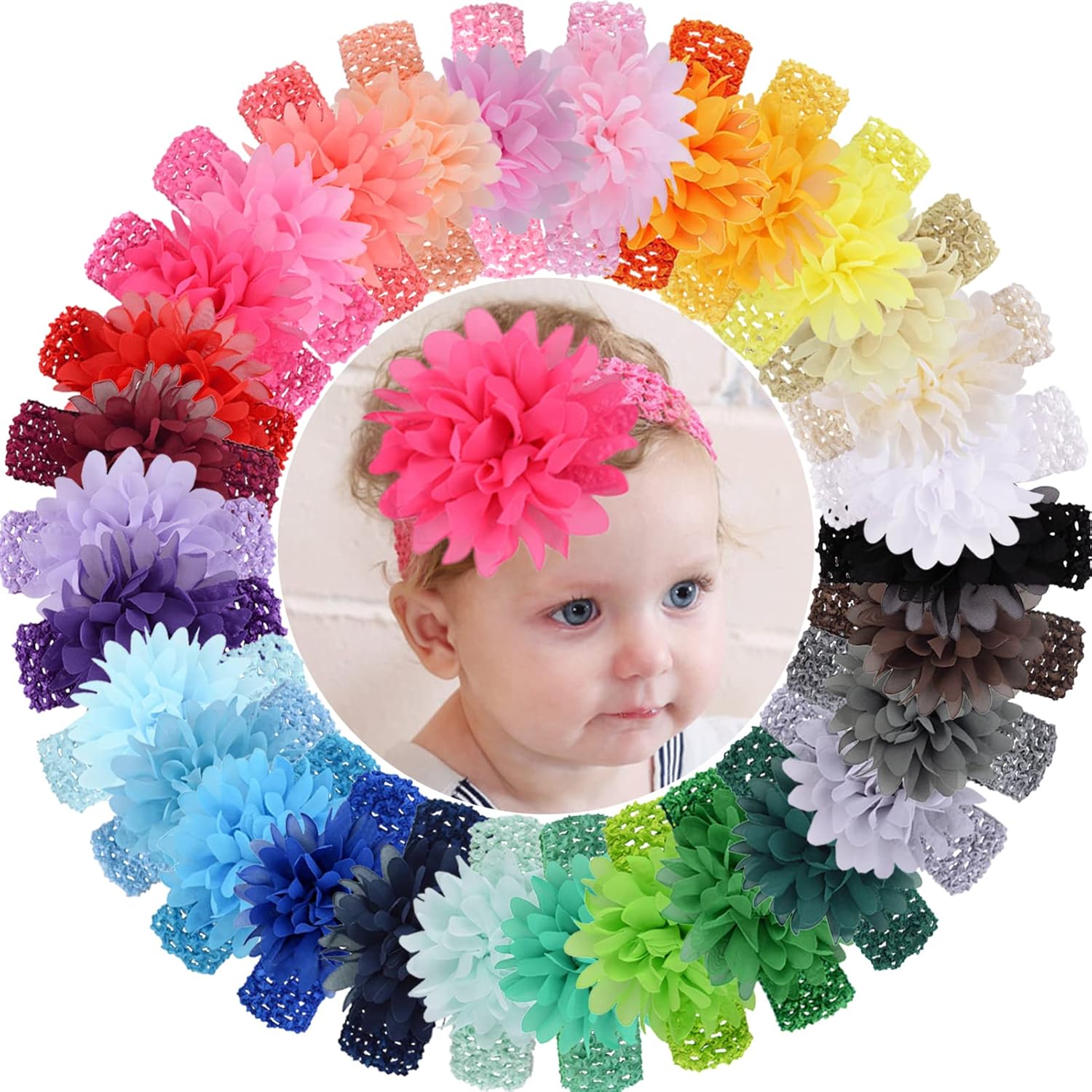 WillingTee 30 piece baby girls chiffon flower headband set front view