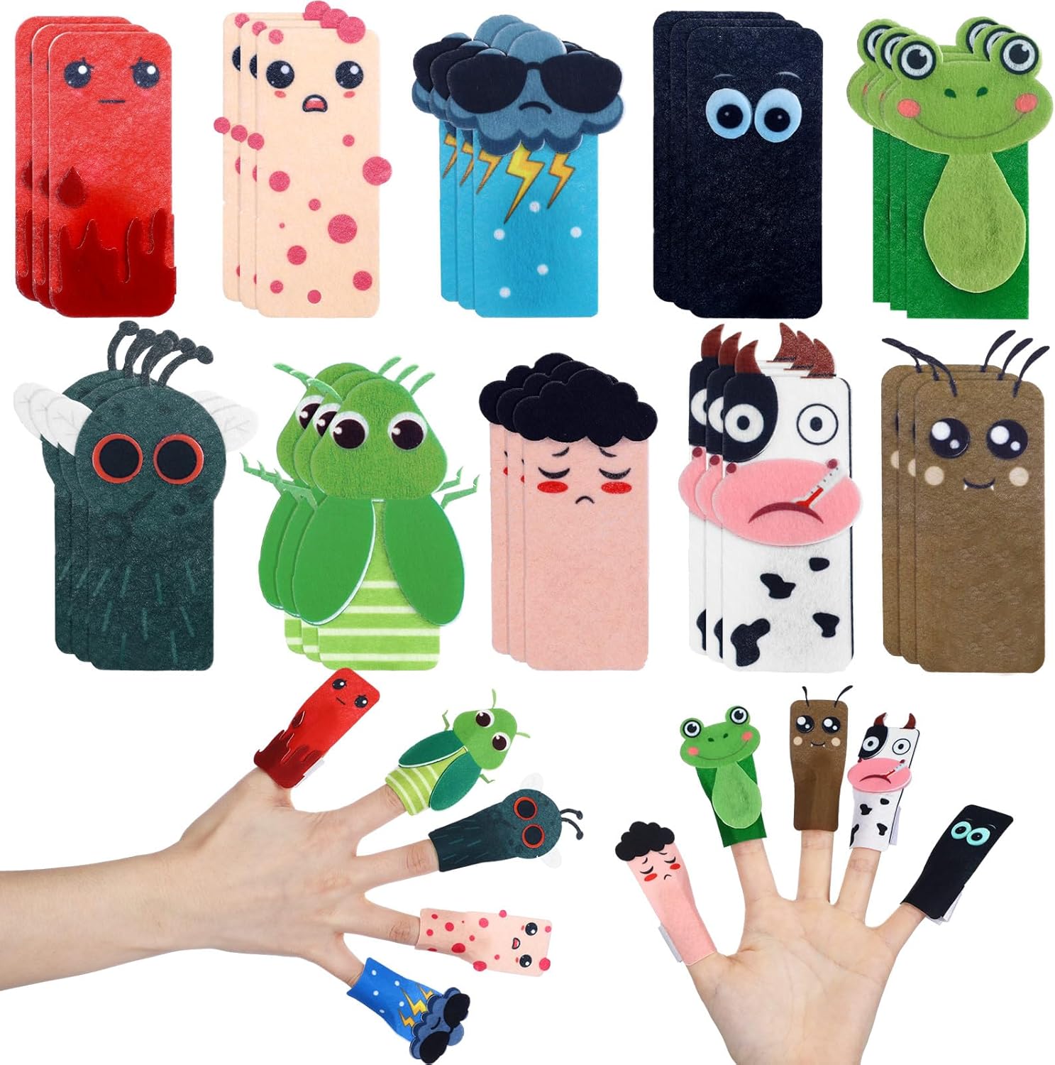 Outus Passover finger plagues puppet kit front view showing colorful felt characters.