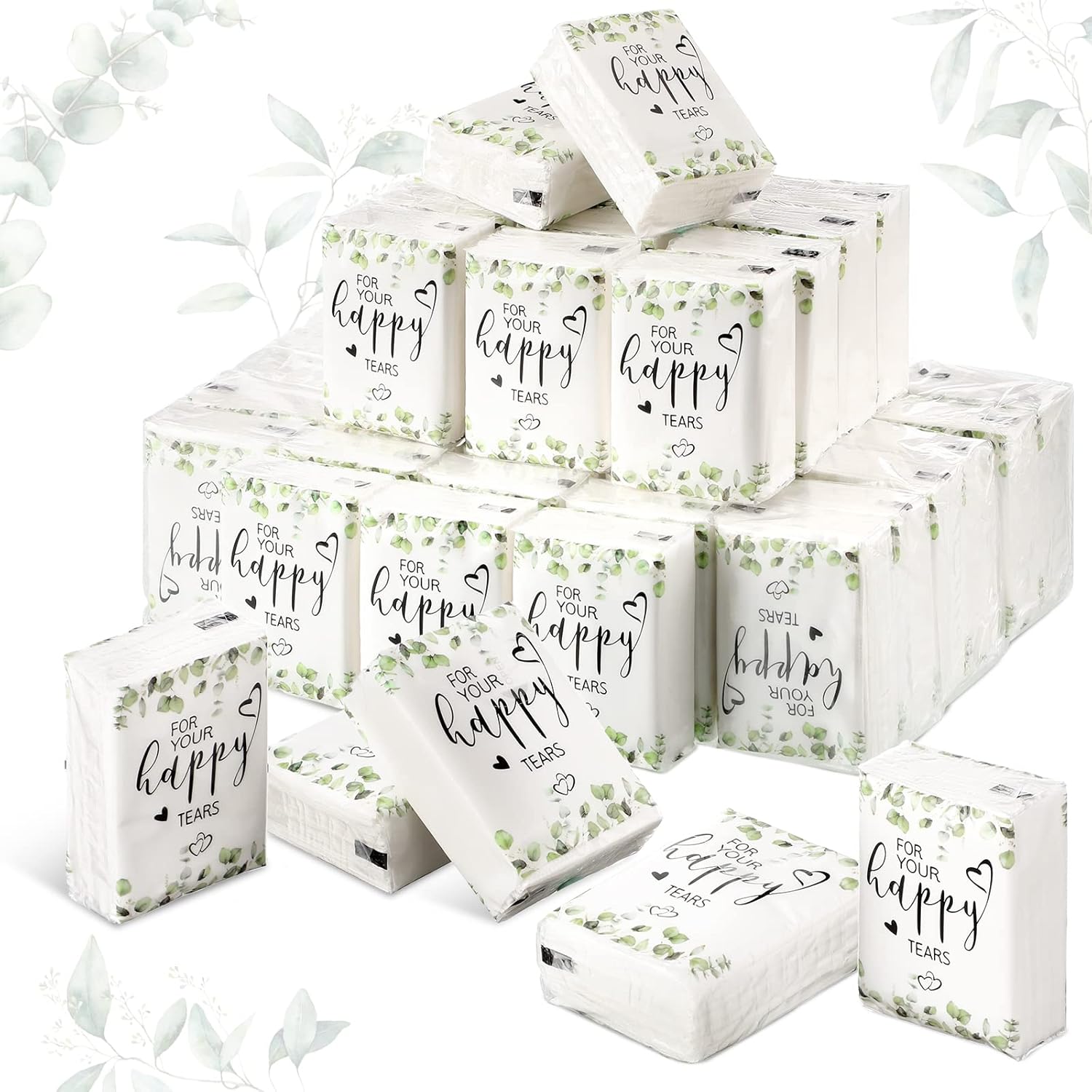 Sinmoe wedding facial tissues front view showing elegant eucalyptus happy tears design.