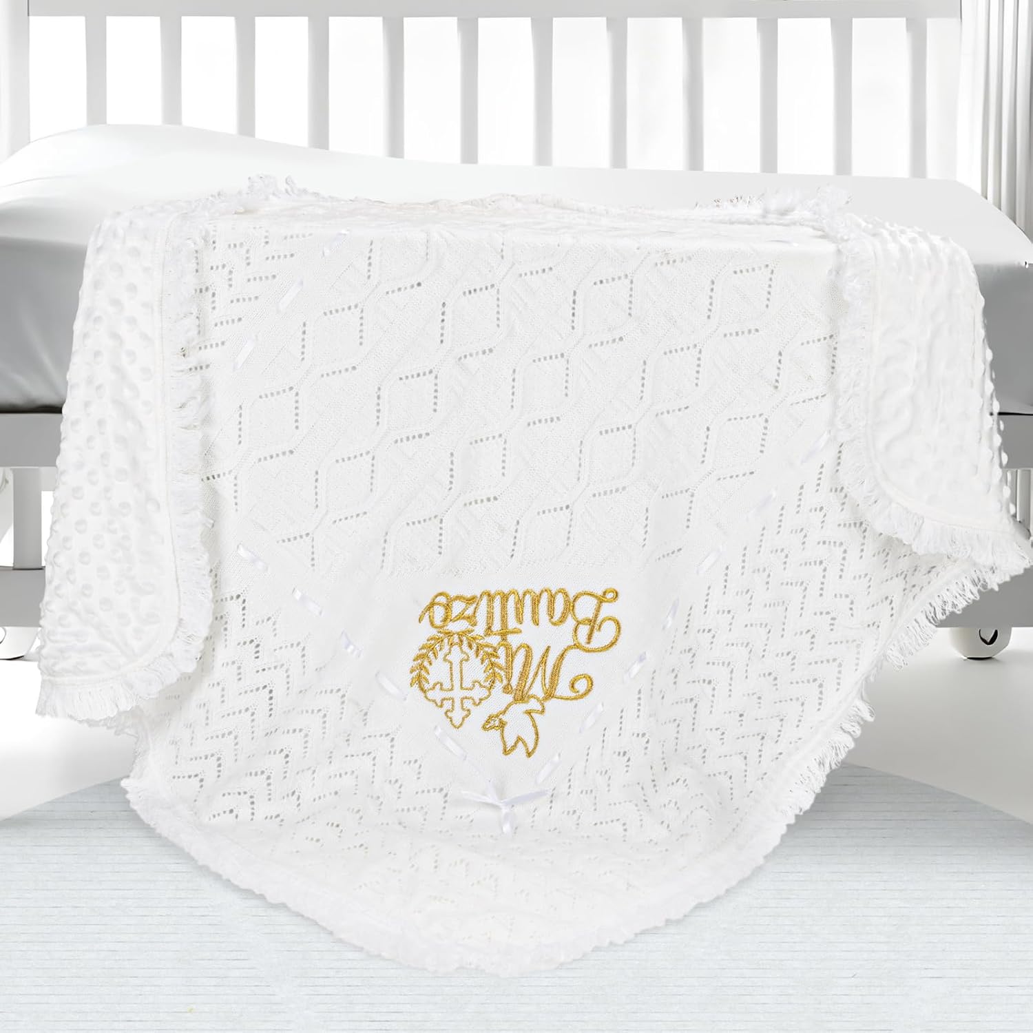 Cacooba Mi Bautizo crochet baby baptism blanket front view