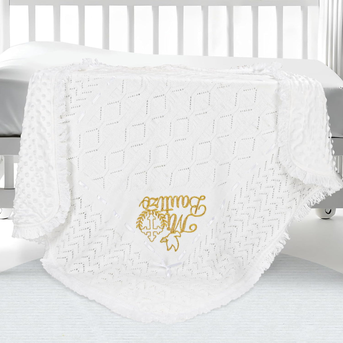Cacooba Mi Bautizo crochet baby baptism blanket front view