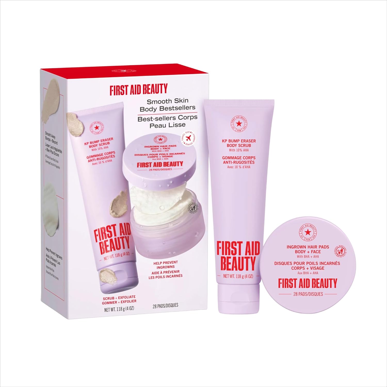 First Aid Beauty Smooth Skin Body Bestsellers Set front packaging view showing the exfoliating scrub and ingrown hair pads