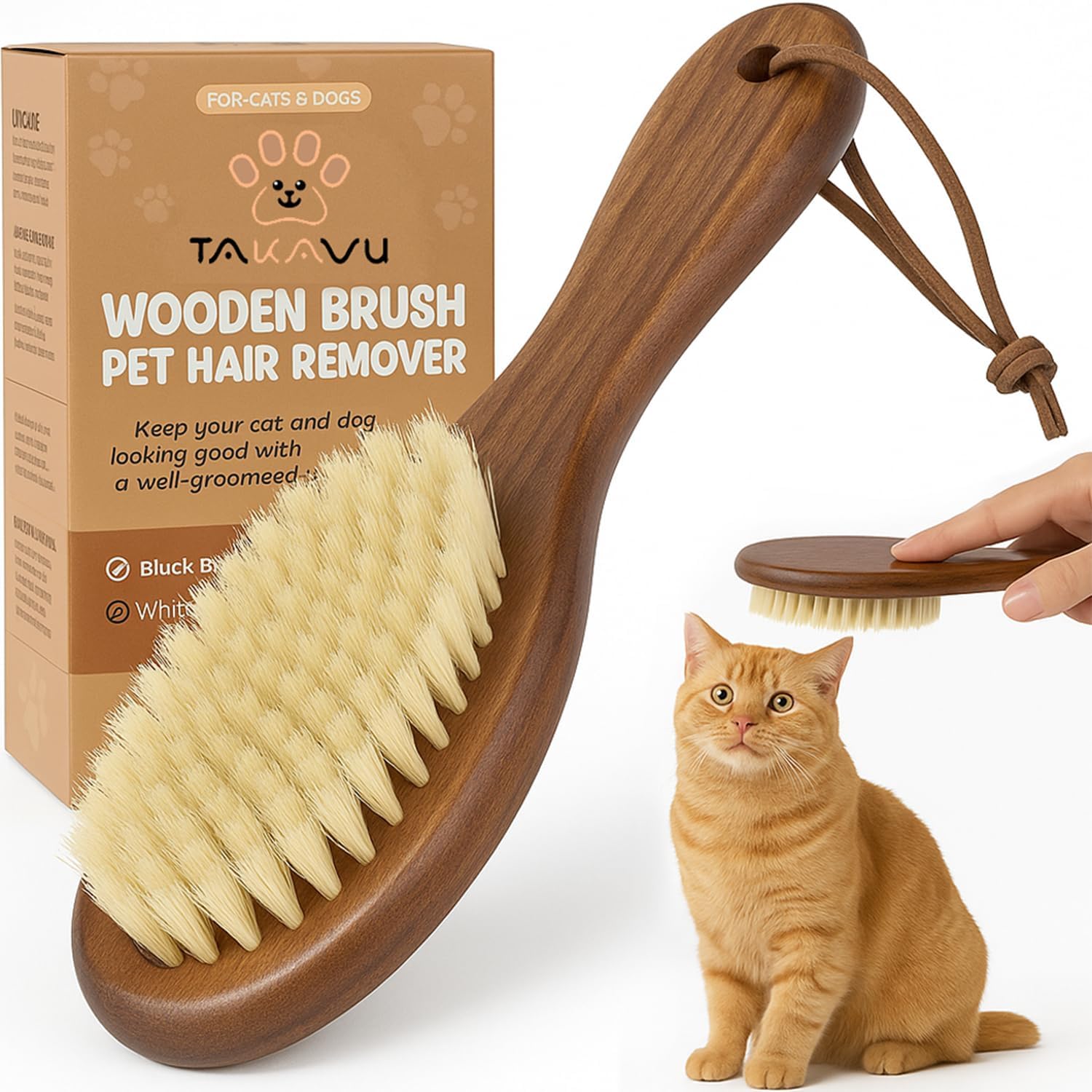 Takavu natural white boar bristle cat brush front view showing wooden handle and soft bristles