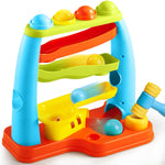 Lalalark Pound Ball Learning Station front view showing the four-tier ramp tower and matching hammer toy