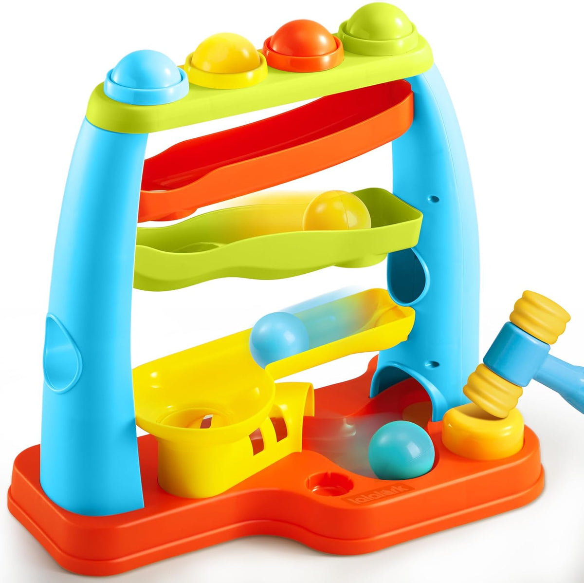 Lalalark Pound Ball Learning Station front view showing the four-tier ramp tower and matching hammer toy