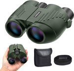 Poazork 20X25 compact binoculars front view showing the green rubber-coated body.