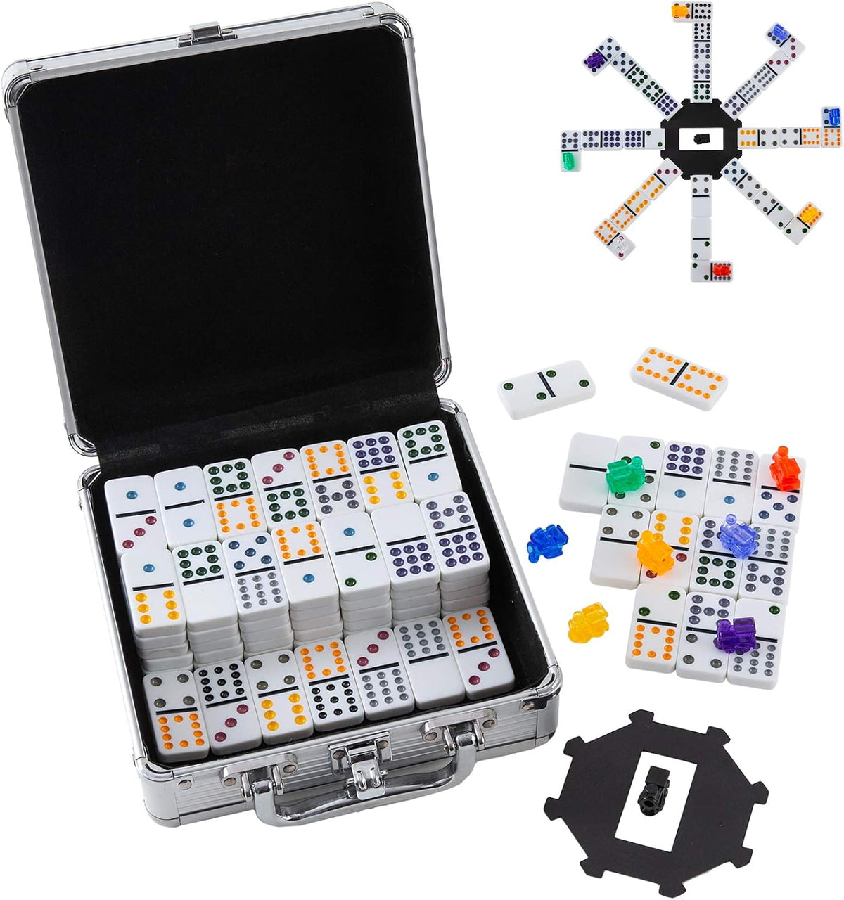 Homwom Mexican Train Dominoes with Numbers Double 12 Colored Numerical Dominoes Game Set 91 Tiles with 9 Trains, Scoreboard, Octagon Shape Hub and Aluminum Case - Image 9