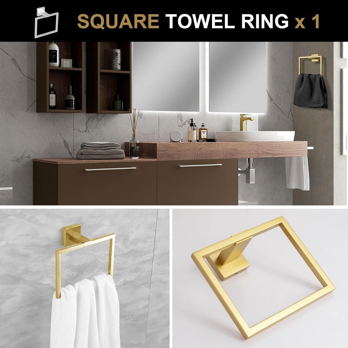 Lava Odoro square brushed gold hand towel ring accessory