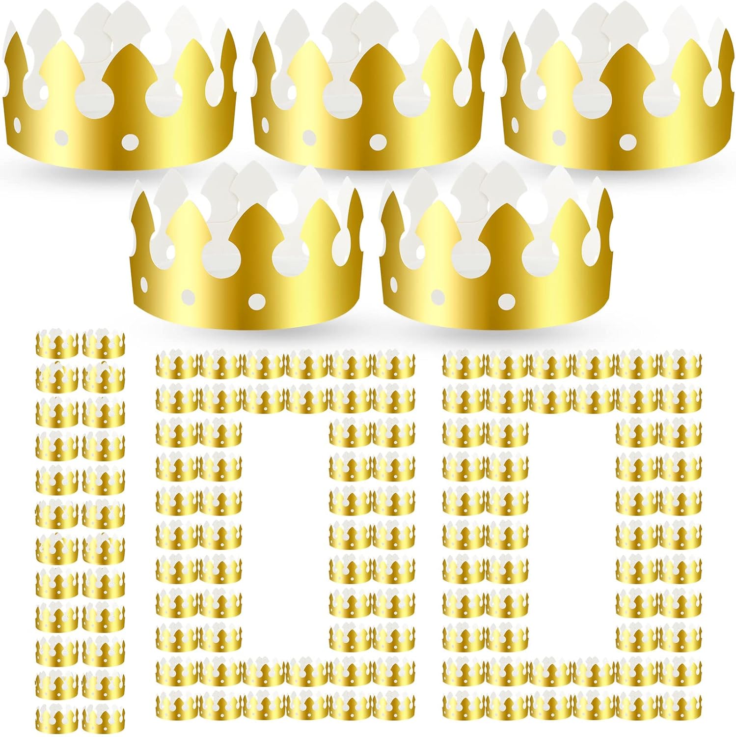 Crtiin gold paper crowns bulk pack front view showing shiny metallic finish.
