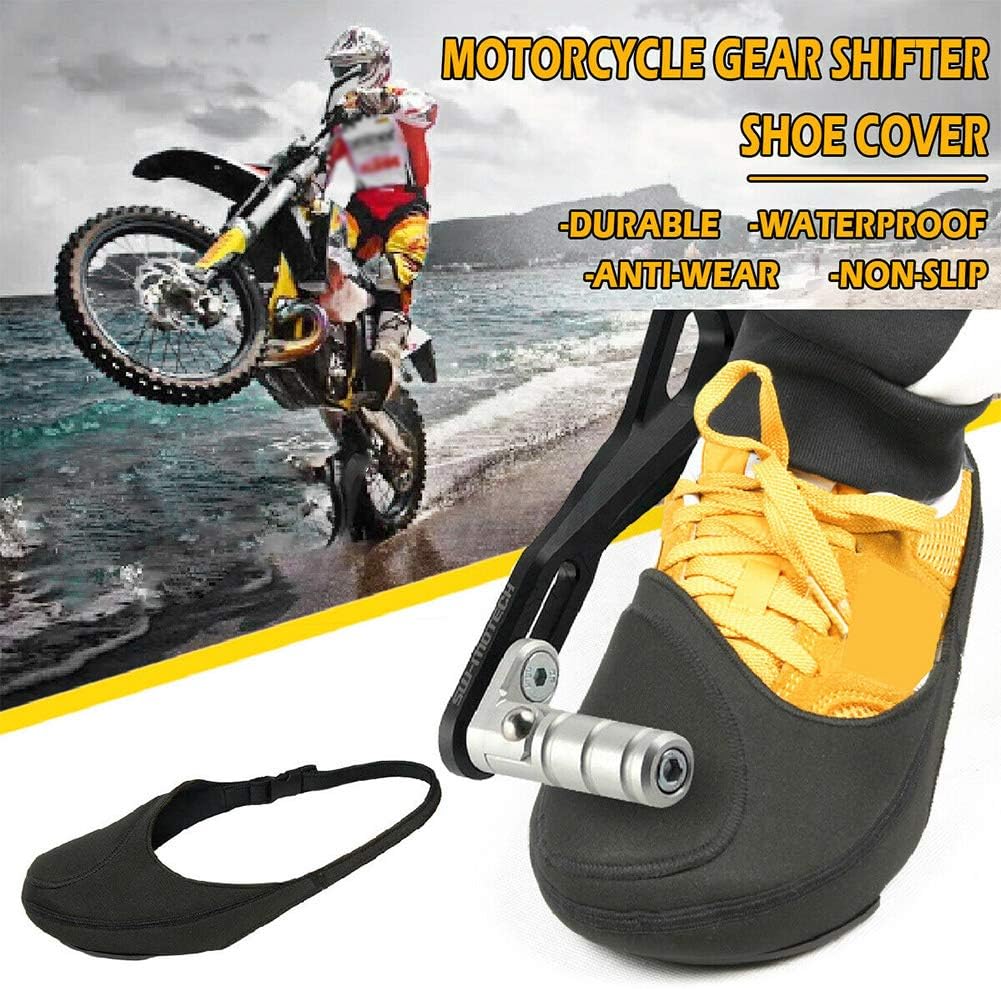 Black neoprene motorcycle gear shifter cover on sneaker