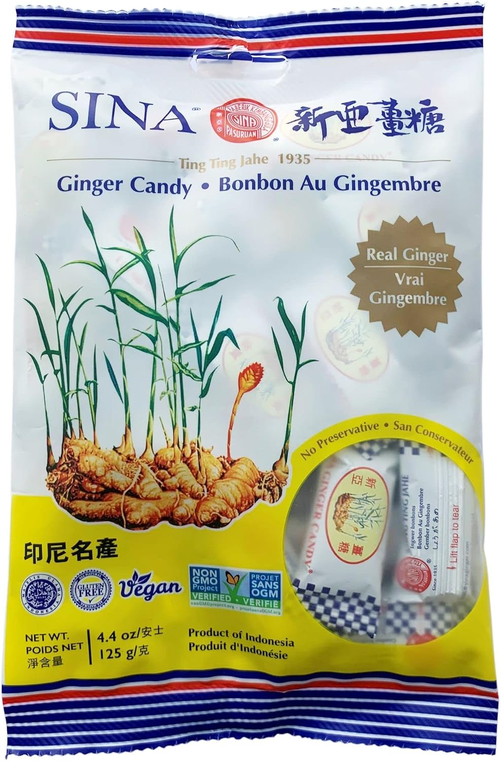 Back label view of Sina Ting Ting Jahe showing clean vegan and non-GMO ingredients
