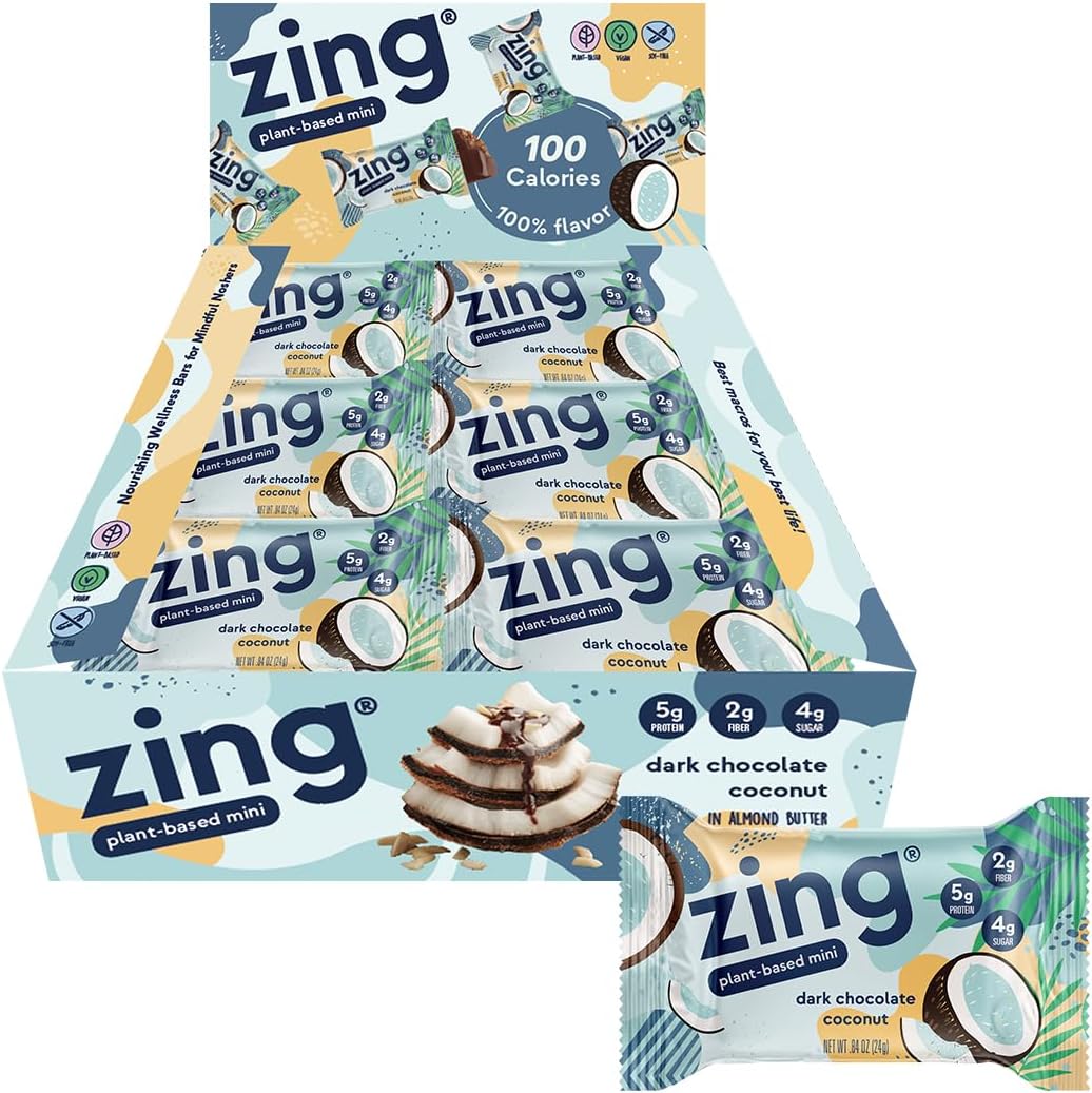 Zing Bars Dark Chocolate Coconut Minis front view showing 18 count box pack.