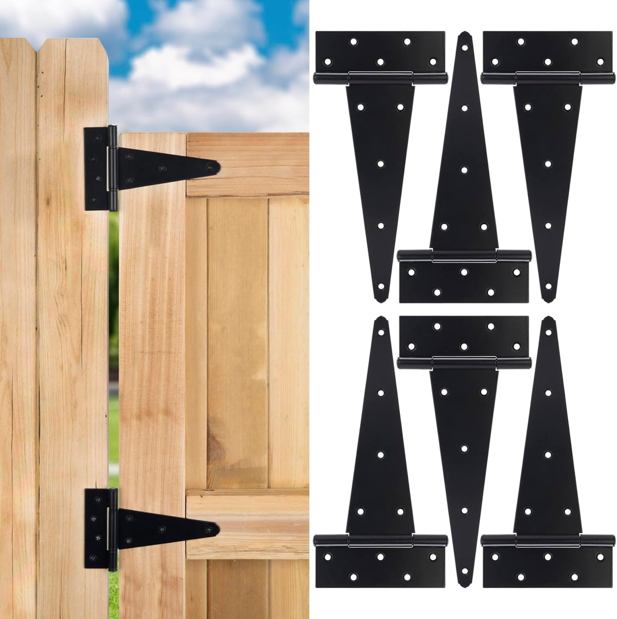 4 Inch T-Strap Gate Hinges, Shed Barn Door Hinges Heavy Duty, Black Tee Hinges for Wooden Fences, Yard Gate, Wrought Hardware Iron Rustproof (4 Pack/Set) - Image 9