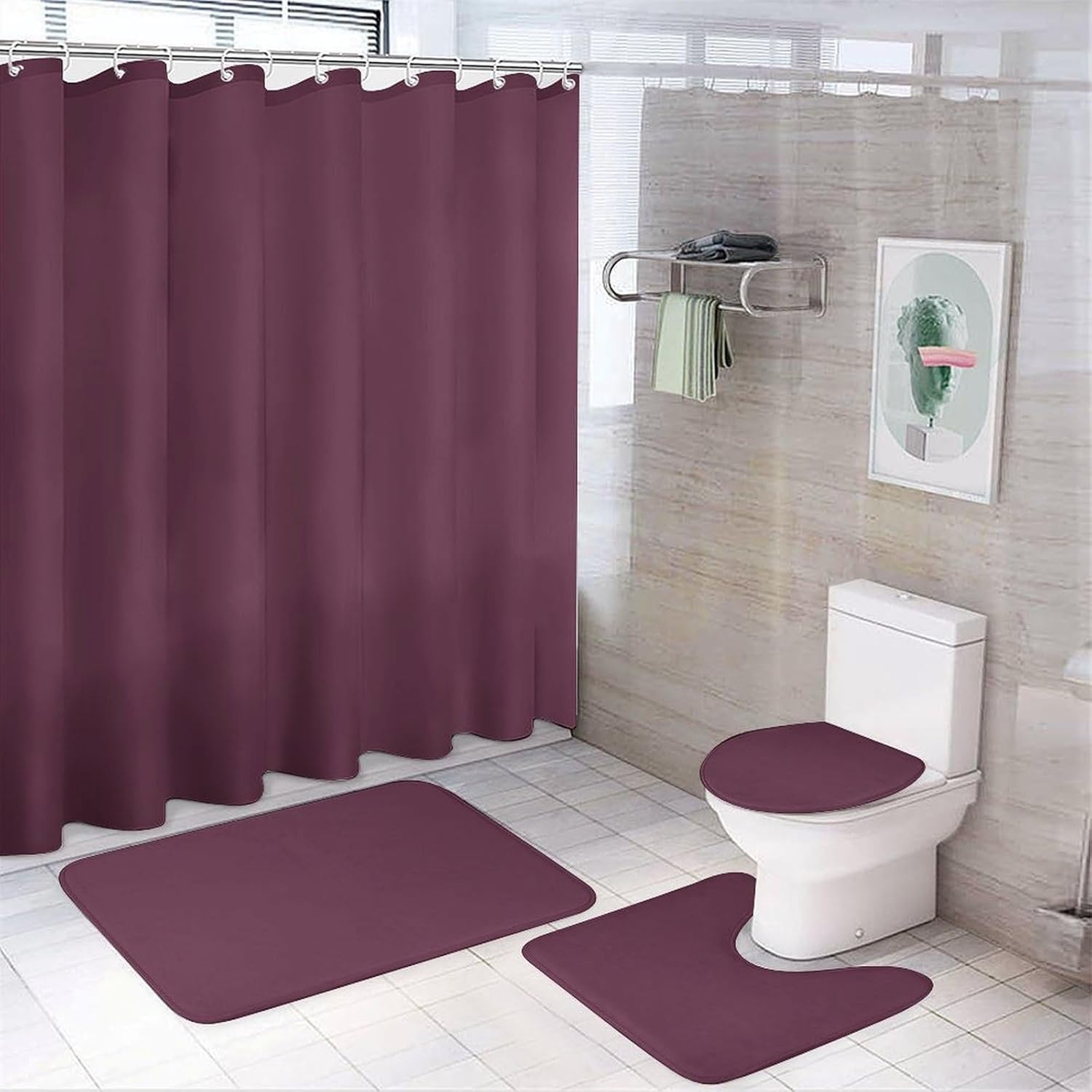 Curdesi luxury 4 piece shower curtain set in plum purple front view