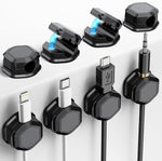 Tinghui magnetic cord organizer front view showing hexagonal design holding a black phone charger wire on a wooden nightstand.