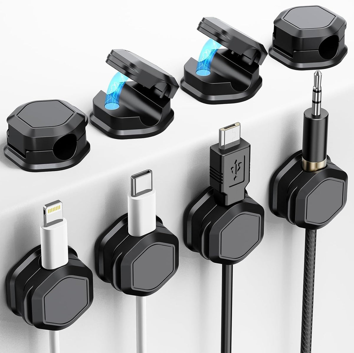 Tinghui magnetic cord organizer front view showing hexagonal design holding a black phone charger wire on a wooden nightstand.
