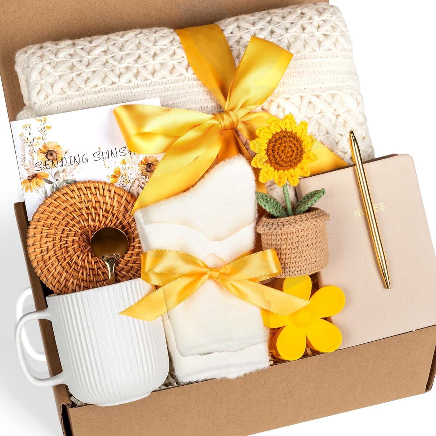 Anforsun sunflower self care gift basket for women displaying premium items inside the ready-to-gift box packaging.