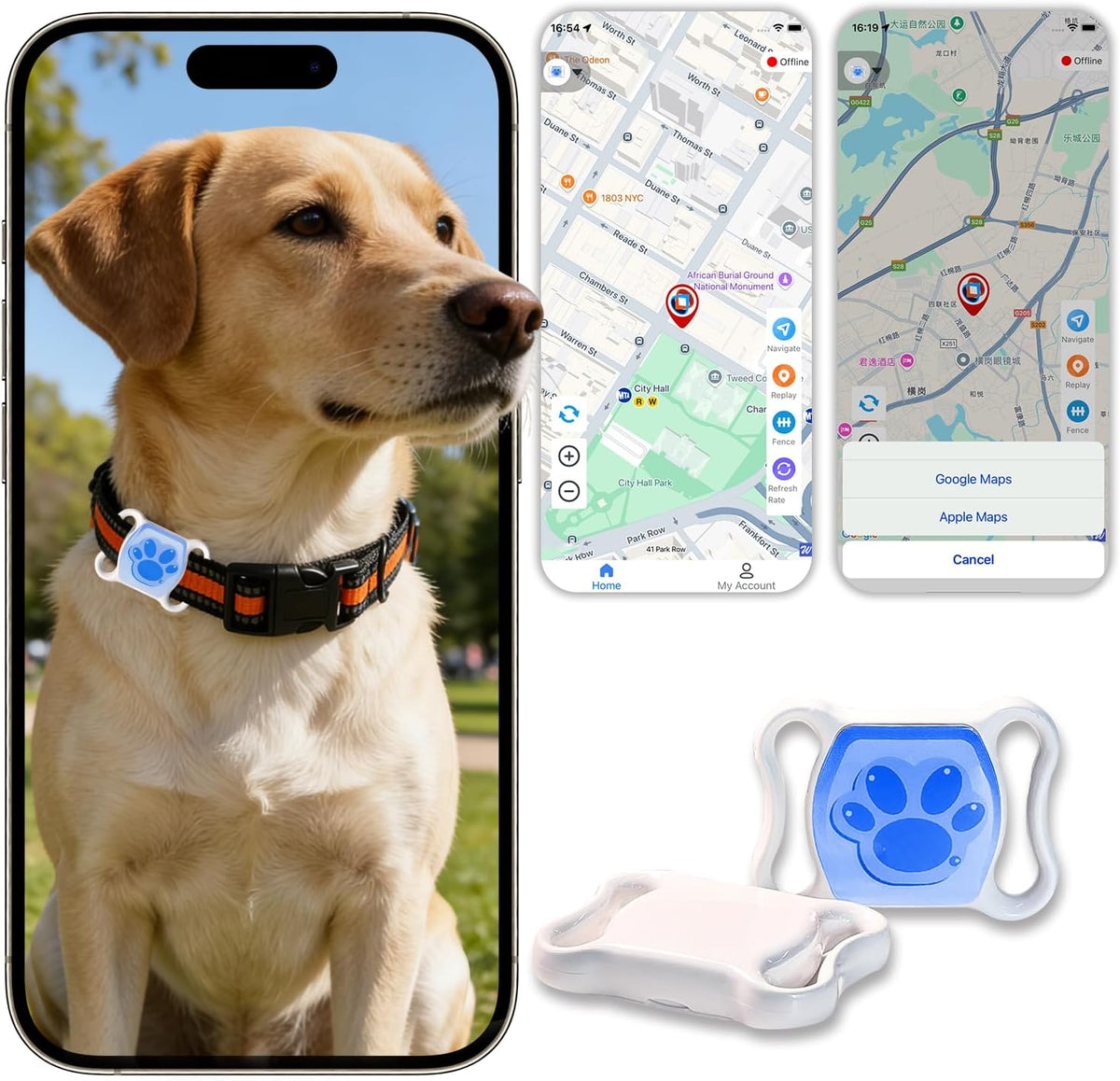 Syslytic GPS tracker for dogs and cats front view attached to a premium black tracking collar.